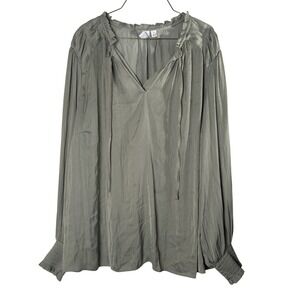 Joie Womens 2X Long Sleeve Tunic Top Blouse Green Ruffle Collar V-Neck Shirt